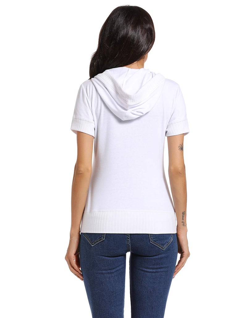 MISS MOLY Women's Short Sleeve Hoodie Full Zip Up Thin Cotton Slim Fit Sweatshirt Kanga Pocket White 2XL - Image 5